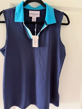 New NWT Tommy Bahama Golf sleeveless Navy Polo with Teal and White Collar size L